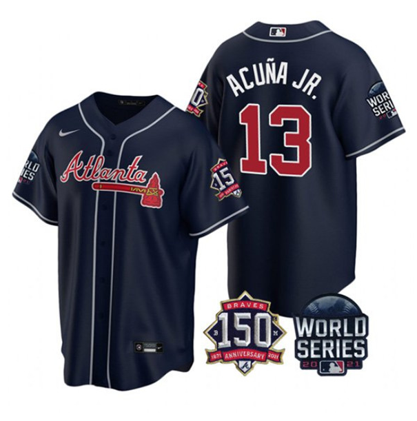 Women's Atlanta Braves #13 Ronald Acuña Jr 2021 Navy World Series Champions With 150th Anniversary Patch Cool Base Stitched Jersey(Run Small)